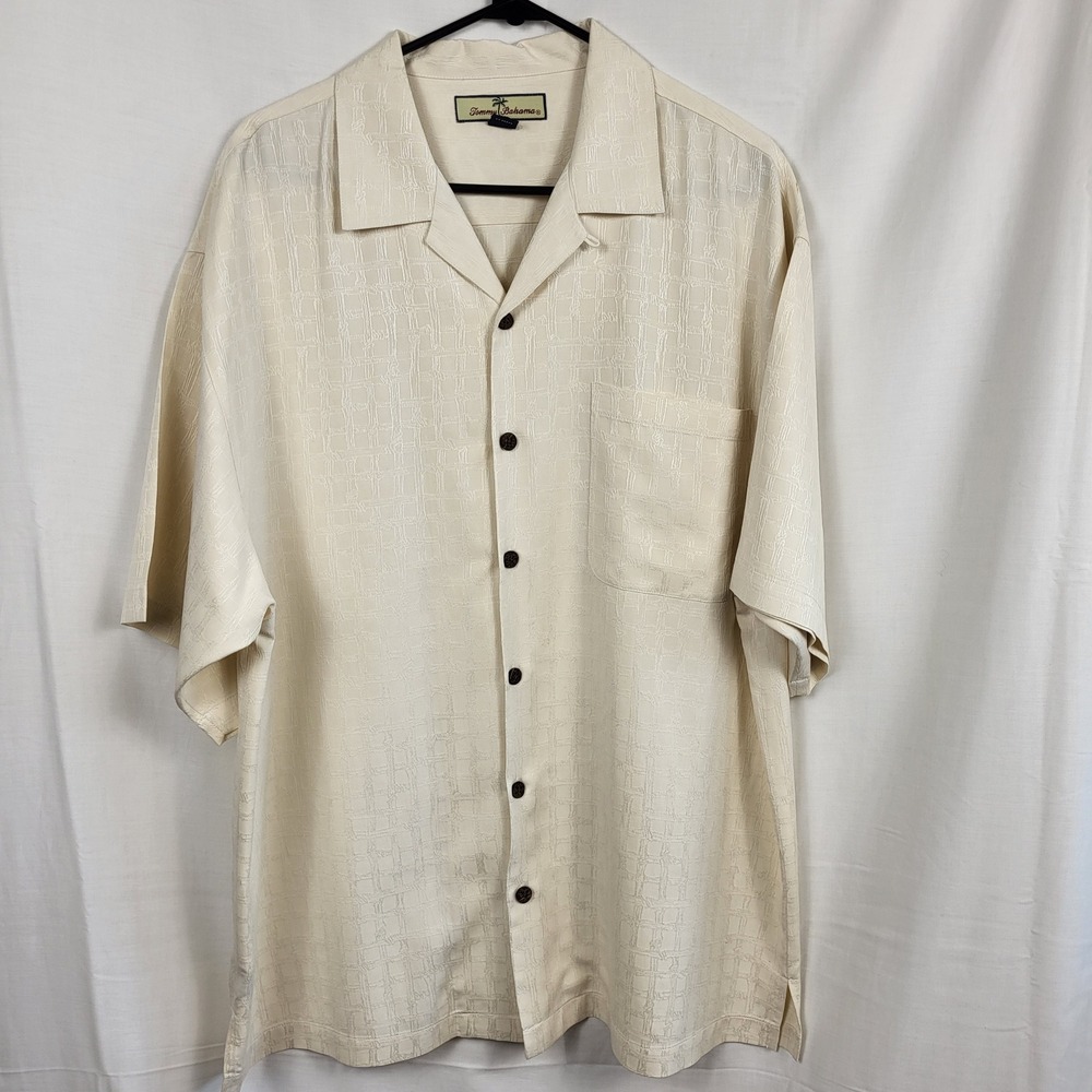 Tommy Bahama Silk Shirt Mens L Beige Hawaiian Camp Button Up Short Sleeve
